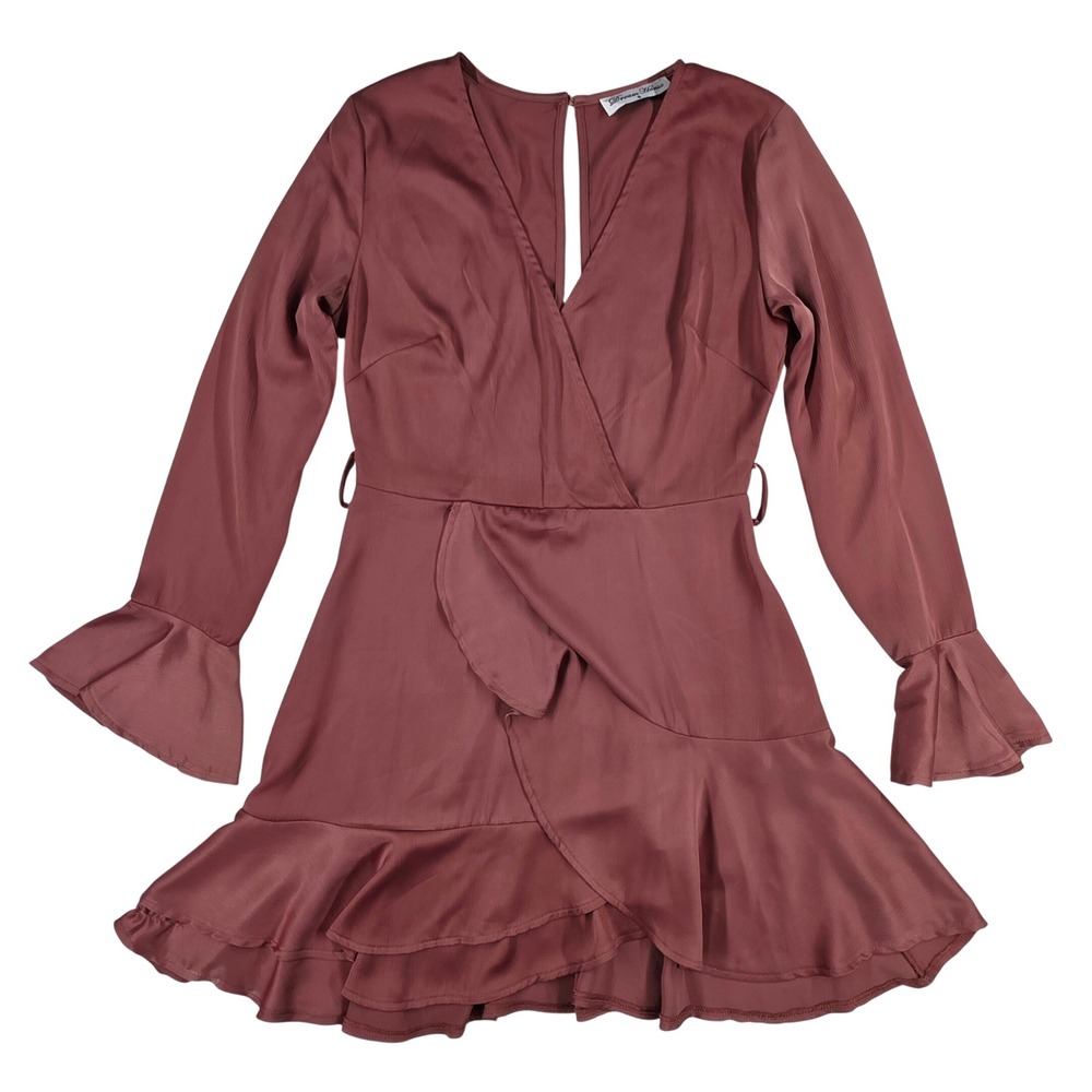 Dream House Mauve Ruffle Mini Dress Long Sleeve Bell Cuff V-Neck Size 8